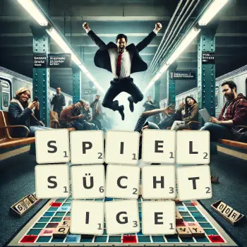 Kreative Illustration für ein Scrabble-Spiel, bei dem das Wort SPIELSÜCHTIGE mit Steinen auf dem Brett gelegt wurde.