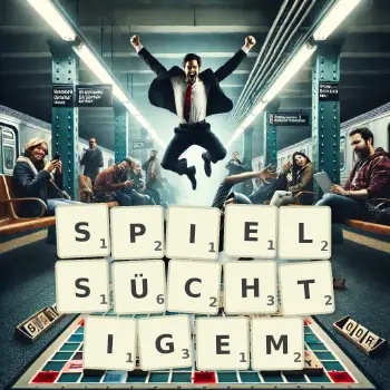 Kreative Illustration für ein Scrabble-Spiel, bei dem das Wort SPIELSÜCHTIGEM mit Steinen auf dem Brett gelegt wurde.