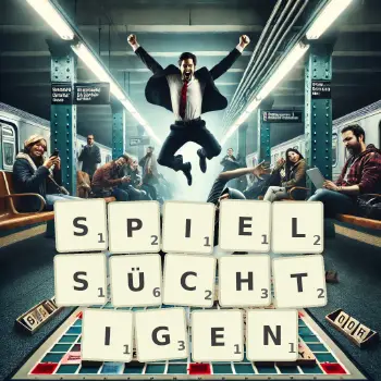 Kreative Illustration für ein Scrabble-Spiel, bei dem das Wort SPIELSÜCHTIGEN mit Steinen auf dem Brett gelegt wurde.