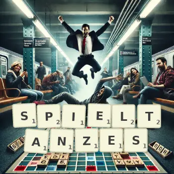 Kreative Illustration für ein Scrabble-Spiel, bei dem das Wort SPIELTANZES mit Steinen auf dem Brett gelegt wurde.