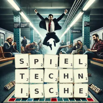 Kreative Illustration für ein Scrabble-Spiel, bei dem das Wort SPIELTECHNISCHE mit Steinen auf dem Brett gelegt wurde.