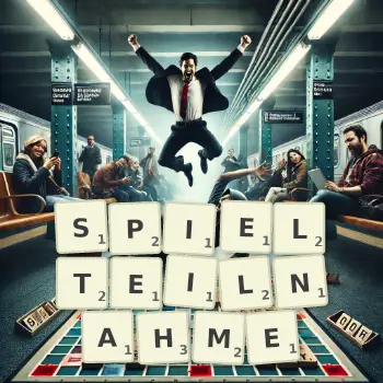 Kreative Illustration für ein Scrabble-Spiel, bei dem das Wort SPIELTEILNAHME mit Steinen auf dem Brett gelegt wurde.