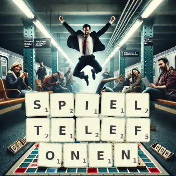 Kreative Illustration für ein Scrabble-Spiel, bei dem das Wort SPIELTELEFONEN mit Steinen auf dem Brett gelegt wurde.