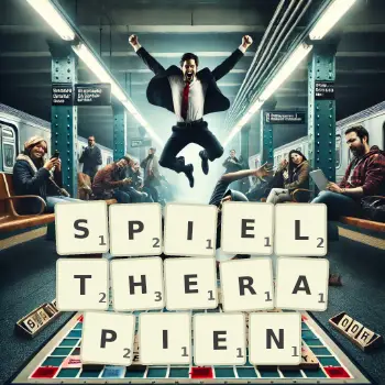 Kreative Illustration für ein Scrabble-Spiel, bei dem das Wort SPIELTHERAPIEN mit Steinen auf dem Brett gelegt wurde.