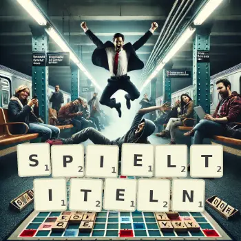 Kreative Illustration für ein Scrabble-Spiel, bei dem das Wort SPIELTITELN mit Steinen auf dem Brett gelegt wurde.