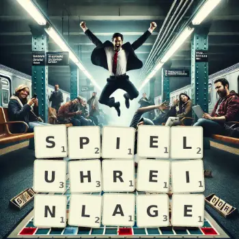 Kreative Illustration für ein Scrabble-Spiel, bei dem das Wort SPIELUHREINLAGE mit Steinen auf dem Brett gelegt wurde.