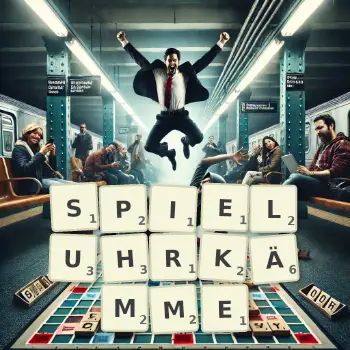 Kreative Illustration für ein Scrabble-Spiel, bei dem das Wort SPIELUHRKÄMME mit Steinen auf dem Brett gelegt wurde.
