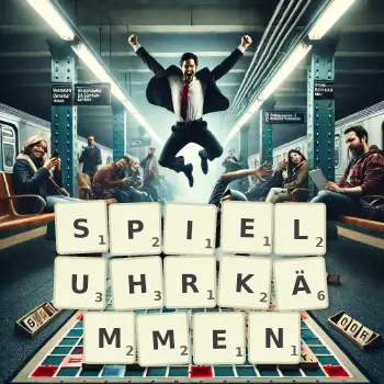 Kreative Illustration für ein Scrabble-Spiel, bei dem das Wort SPIELUHRKÄMMEN mit Steinen auf dem Brett gelegt wurde.