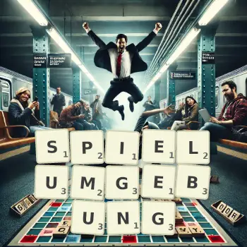 Kreative Illustration für ein Scrabble-Spiel, bei dem das Wort SPIELUMGEBUNG mit Steinen auf dem Brett gelegt wurde.