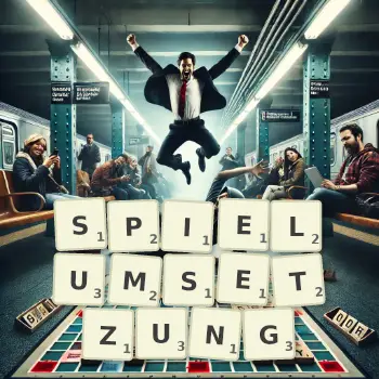 Kreative Illustration für ein Scrabble-Spiel, bei dem das Wort SPIELUMSETZUNG mit Steinen auf dem Brett gelegt wurde.
