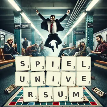 Kreative Illustration für ein Scrabble-Spiel, bei dem das Wort SPIELUNIVERSUM mit Steinen auf dem Brett gelegt wurde.