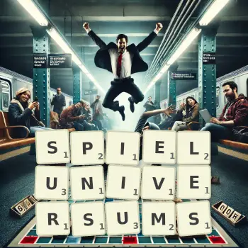 Kreative Illustration für ein Scrabble-Spiel, bei dem das Wort SPIELUNIVERSUMS mit Steinen auf dem Brett gelegt wurde.