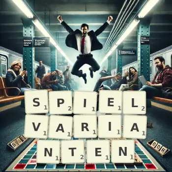 Kreative Illustration für ein Scrabble-Spiel, bei dem das Wort SPIELVARIANTEN mit Steinen auf dem Brett gelegt wurde.