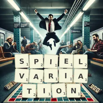 Kreative Illustration für ein Scrabble-Spiel, bei dem das Wort SPIELVARIATION mit Steinen auf dem Brett gelegt wurde.