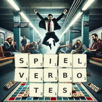 Kreative Illustration für ein Scrabble-Spiel, bei dem das Wort SPIELVERBOTES mit Steinen auf dem Brett gelegt wurde.