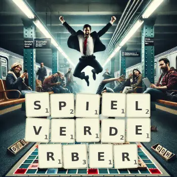 Kreative Illustration für ein Scrabble-Spiel, bei dem das Wort SPIELVERDERBER mit Steinen auf dem Brett gelegt wurde.