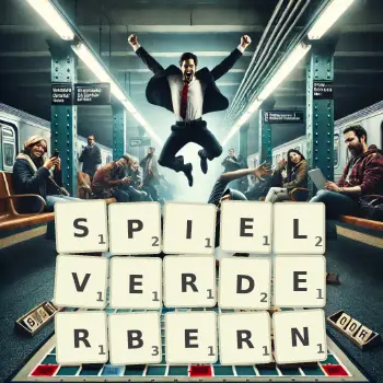Kreative Illustration für ein Scrabble-Spiel, bei dem das Wort SPIELVERDERBERN mit Steinen auf dem Brett gelegt wurde.