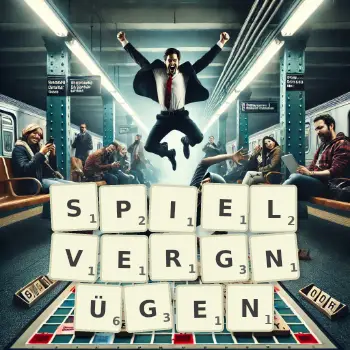 Kreative Illustration für ein Scrabble-Spiel, bei dem das Wort SPIELVERGNÜGEN mit Steinen auf dem Brett gelegt wurde.