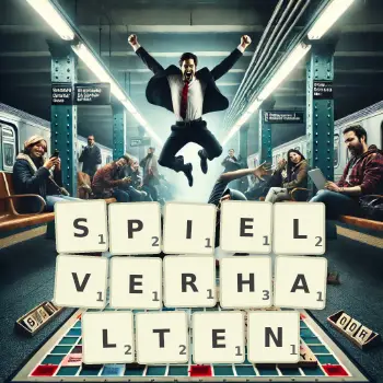 Kreative Illustration für ein Scrabble-Spiel, bei dem das Wort SPIELVERHALTEN mit Steinen auf dem Brett gelegt wurde.