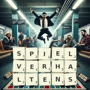 Kreative Illustration für ein Scrabble-Spiel, bei dem das Wort SPIELVERHALTENS mit Steinen auf dem Brett gelegt wurde.