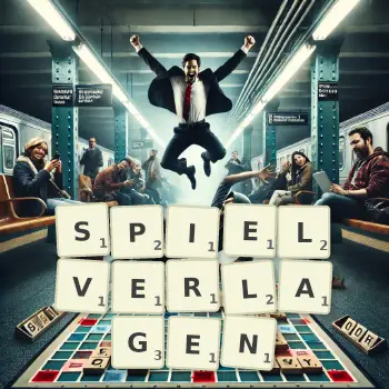 Kreative Illustration für ein Scrabble-Spiel, bei dem das Wort SPIELVERLAGEN mit Steinen auf dem Brett gelegt wurde.