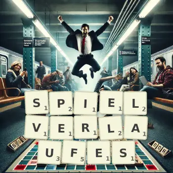 Kreative Illustration für ein Scrabble-Spiel, bei dem das Wort SPIELVERLAUFES mit Steinen auf dem Brett gelegt wurde.