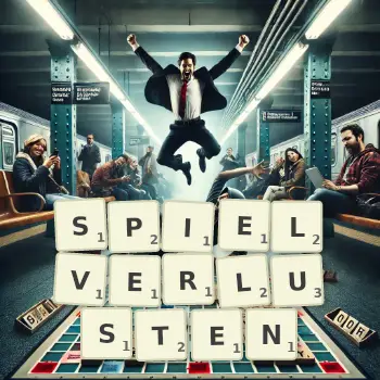 Kreative Illustration für ein Scrabble-Spiel, bei dem das Wort SPIELVERLUSTEN mit Steinen auf dem Brett gelegt wurde.