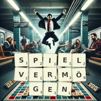 Kreative Illustration für ein Scrabble-Spiel, bei dem das Wort SPIELVERMÖGEN mit Steinen auf dem Brett gelegt wurde.