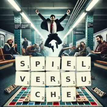 Kreative Illustration für ein Scrabble-Spiel, bei dem das Wort SPIELVERSUCHE mit Steinen auf dem Brett gelegt wurde.