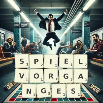 Kreative Illustration für ein Scrabble-Spiel, bei dem das Wort SPIELVORGANGES mit Steinen auf dem Brett gelegt wurde.