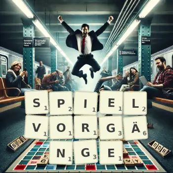 Kreative Illustration für ein Scrabble-Spiel, bei dem das Wort SPIELVORGÄNGE mit Steinen auf dem Brett gelegt wurde.