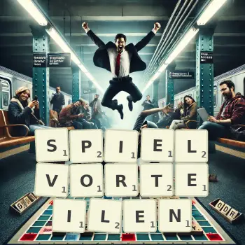 Kreative Illustration für ein Scrabble-Spiel, bei dem das Wort SPIELVORTEILEN mit Steinen auf dem Brett gelegt wurde.