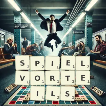 Kreative Illustration für ein Scrabble-Spiel, bei dem das Wort SPIELVORTEILS mit Steinen auf dem Brett gelegt wurde.