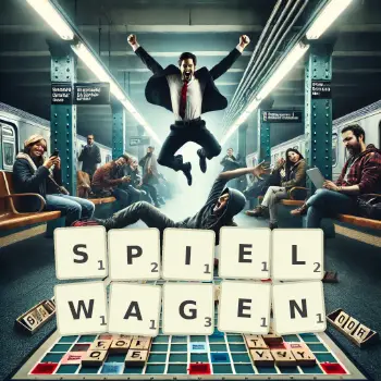 Kreative Illustration für ein Scrabble-Spiel, bei dem das Wort SPIELWAGEN mit Steinen auf dem Brett gelegt wurde.