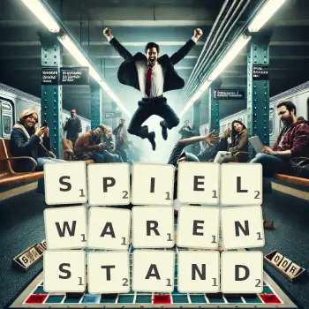 Kreative Illustration für ein Scrabble-Spiel, bei dem das Wort SPIELWARENSTAND mit Steinen auf dem Brett gelegt wurde.