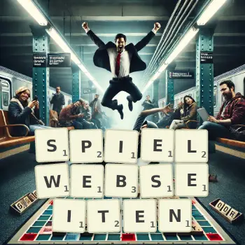 Kreative Illustration für ein Scrabble-Spiel, bei dem das Wort SPIELWEBSEITEN mit Steinen auf dem Brett gelegt wurde.