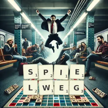 Kreative Illustration für ein Scrabble-Spiel, bei dem das Wort SPIELWEG mit Steinen auf dem Brett gelegt wurde.