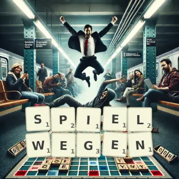 Kreative Illustration für ein Scrabble-Spiel, bei dem das Wort SPIELWEGEN mit Steinen auf dem Brett gelegt wurde.