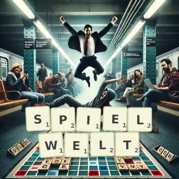 Kreative Illustration für ein Scrabble-Spiel, bei dem das Wort SPIELWELT mit Steinen auf dem Brett gelegt wurde.