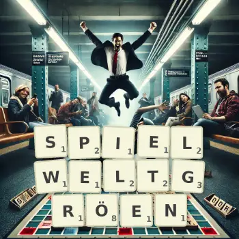 Kreative Illustration für ein Scrabble-Spiel, bei dem das Wort SPIELWELTGRÖEN mit Steinen auf dem Brett gelegt wurde.