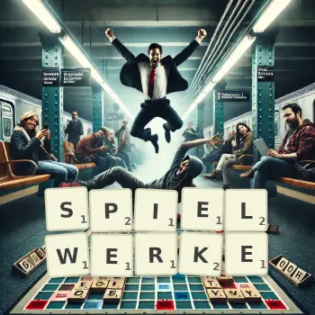 Kreative Illustration für ein Scrabble-Spiel, bei dem das Wort SPIELWERKE mit Steinen auf dem Brett gelegt wurde.