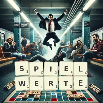 Kreative Illustration für ein Scrabble-Spiel, bei dem das Wort SPIELWERTE mit Steinen auf dem Brett gelegt wurde.