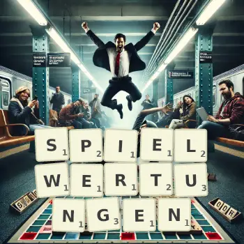 Kreative Illustration für ein Scrabble-Spiel, bei dem das Wort SPIELWERTUNGEN mit Steinen auf dem Brett gelegt wurde.