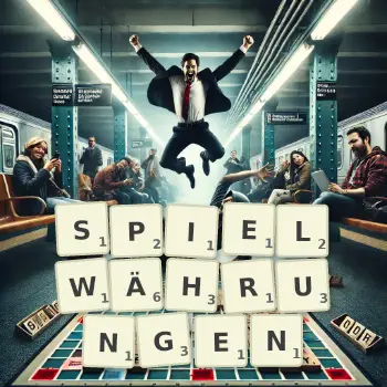 Kreative Illustration für ein Scrabble-Spiel, bei dem das Wort SPIELWÄHRUNGEN mit Steinen auf dem Brett gelegt wurde.