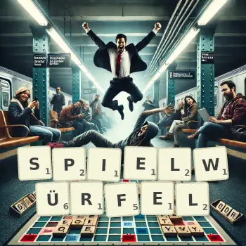 Kreative Illustration für ein Scrabble-Spiel, bei dem das Wort SPIELWÜRFEL mit Steinen auf dem Brett gelegt wurde.