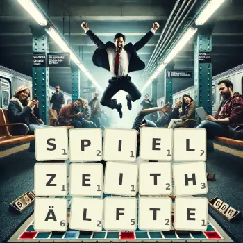 Kreative Illustration für ein Scrabble-Spiel, bei dem das Wort SPIELZEITHÄLFTE mit Steinen auf dem Brett gelegt wurde.