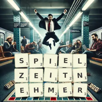 Kreative Illustration für ein Scrabble-Spiel, bei dem das Wort SPIELZEITNEHMER mit Steinen auf dem Brett gelegt wurde.