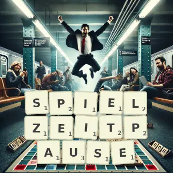 Kreative Illustration für ein Scrabble-Spiel, bei dem das Wort SPIELZEITPAUSE mit Steinen auf dem Brett gelegt wurde.