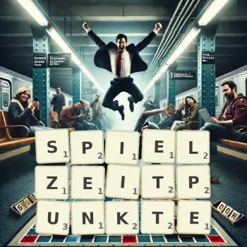 Kreative Illustration für ein Scrabble-Spiel, bei dem das Wort SPIELZEITPUNKTE mit Steinen auf dem Brett gelegt wurde.