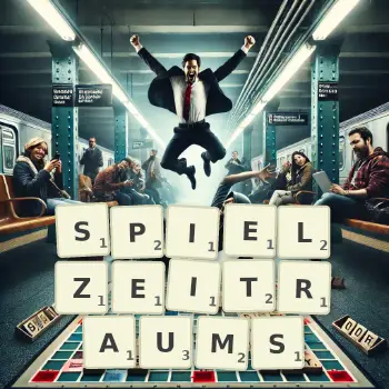 Kreative Illustration für ein Scrabble-Spiel, bei dem das Wort SPIELZEITRAUMS mit Steinen auf dem Brett gelegt wurde.